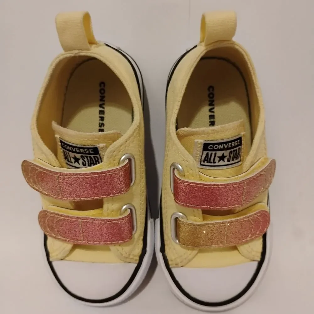 Converse Sneakers Kids Toddler Low Top Easy On Hook Loop Yellow Pink Glitter 6